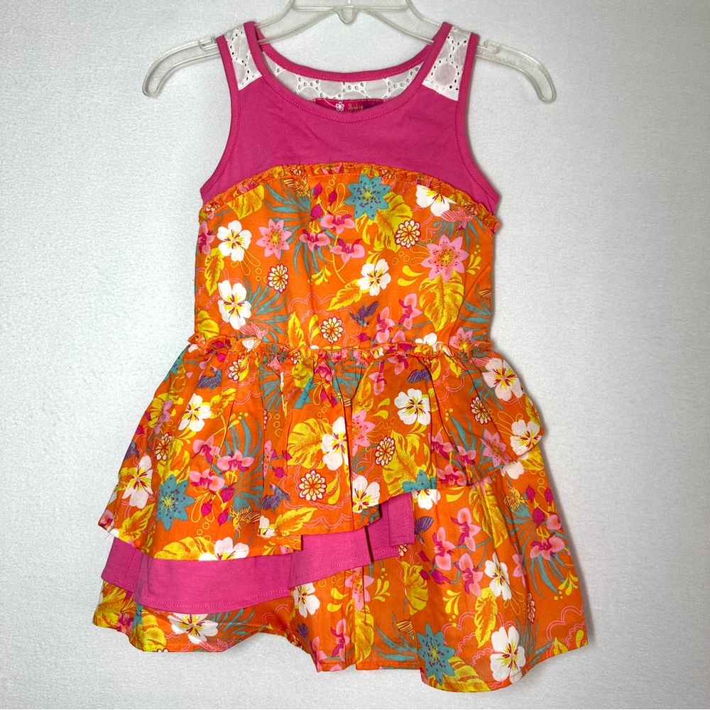 Shrinking Violet Floral Tiered Dress 5 Pink Orange Flowers Tropical Ruffles New